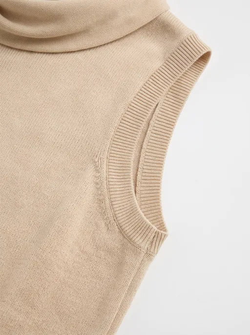 Co-ed Dorm Baggy Cowl-Neck Sleeveless Knit Top - Beige
