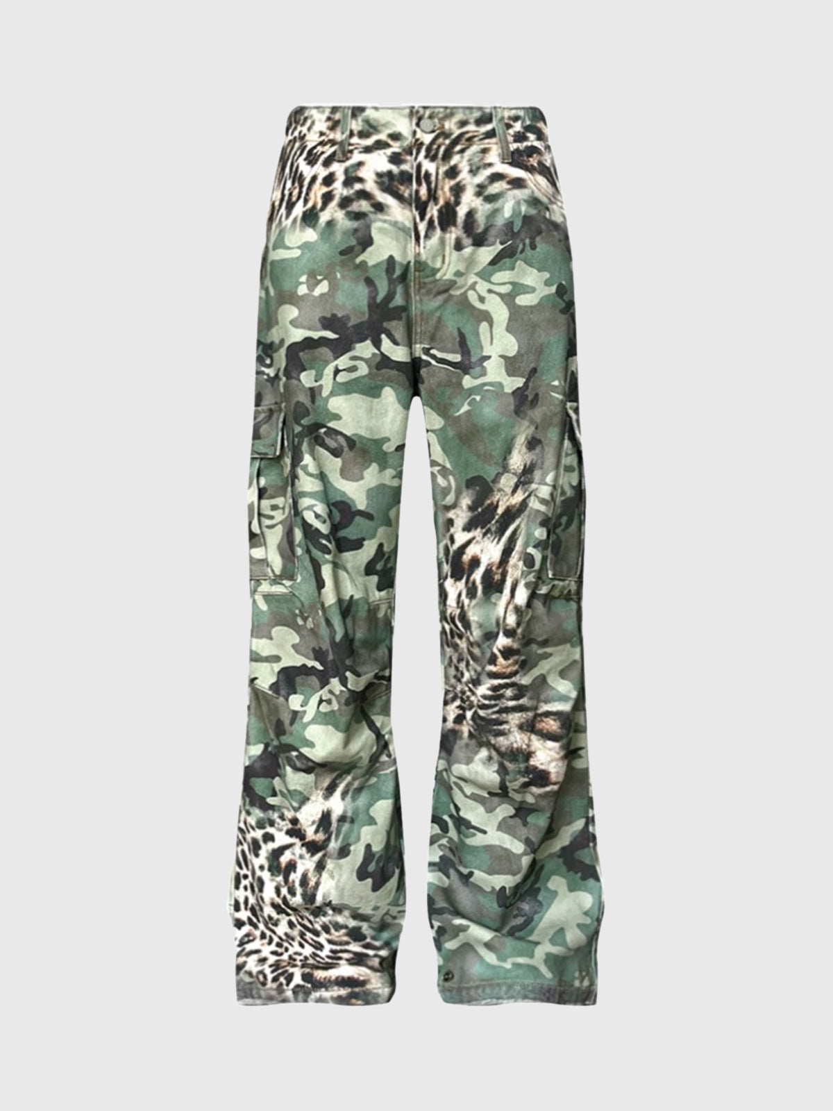 Brick Lane Wide-leg Leopard Camo Patchwork Cargo Pants -- Army Green