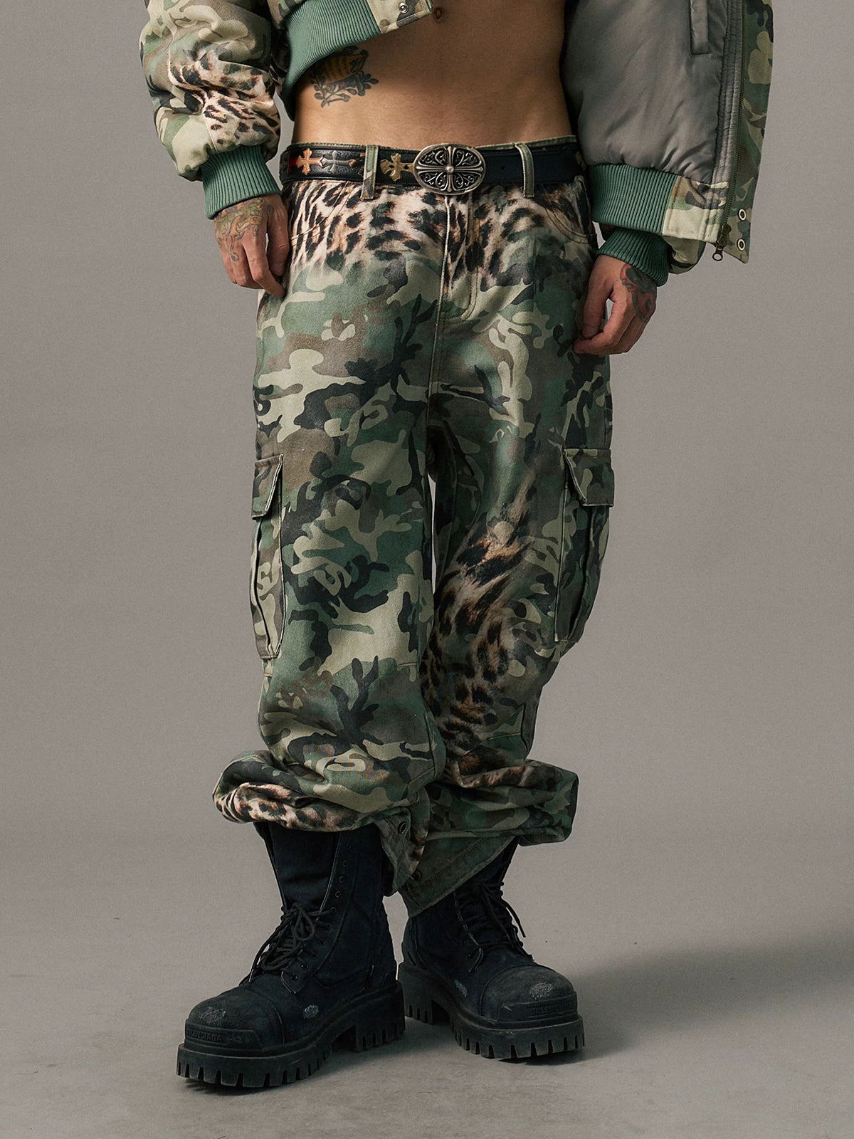 Brick Lane Wide-leg Leopard Camo Patchwork Cargo Pants -- Army Green