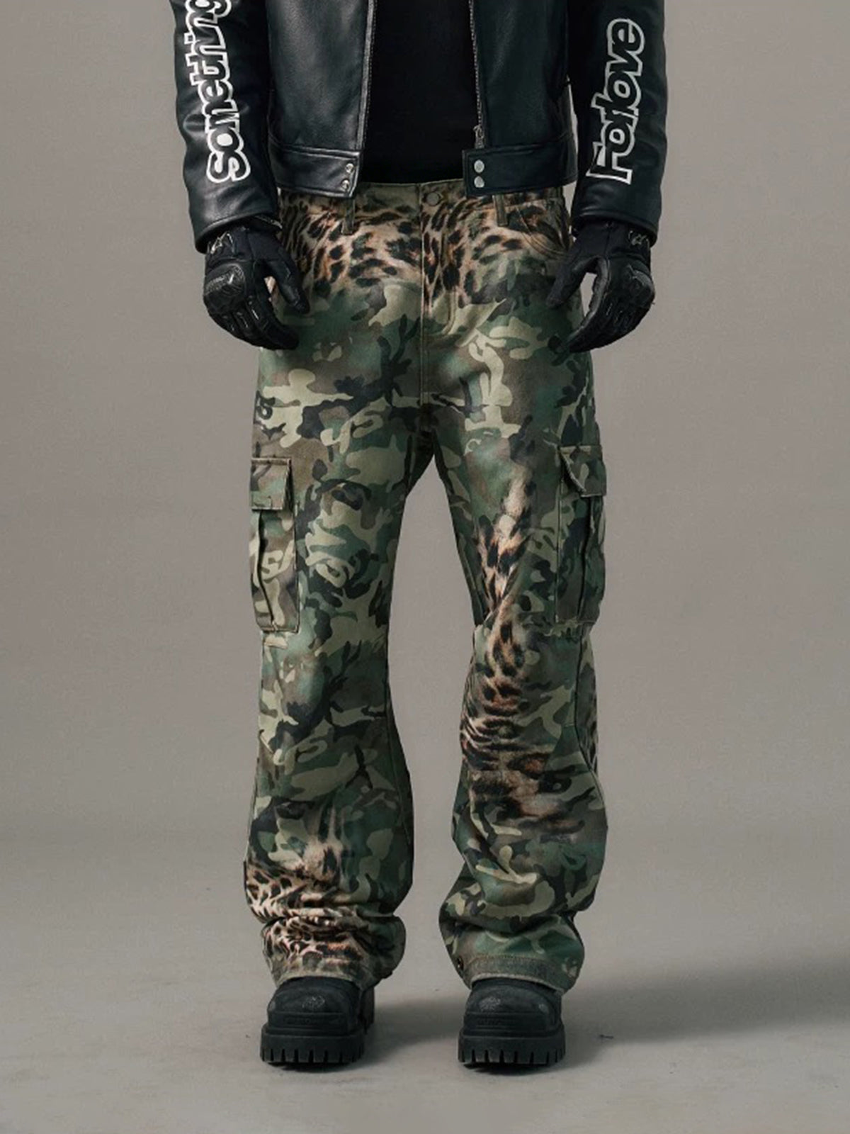 Brick Lane Wide-leg Leopard Camo Patchwork Cargo Pants -- Army Green