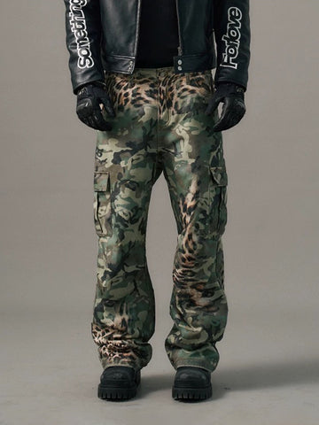 Brick Lane Wide-leg Leopard Camo Patchwork Cargo Pants -- Army Green