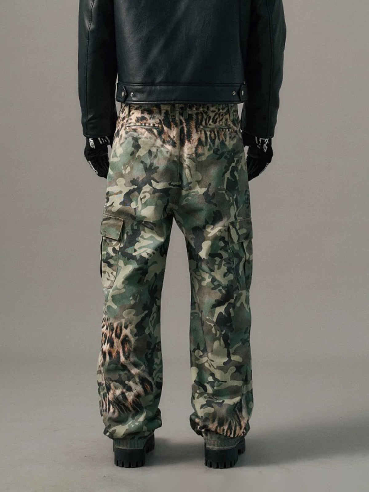 Brick Lane Wide-leg Leopard Camo Patchwork Cargo Pants -- Army Green