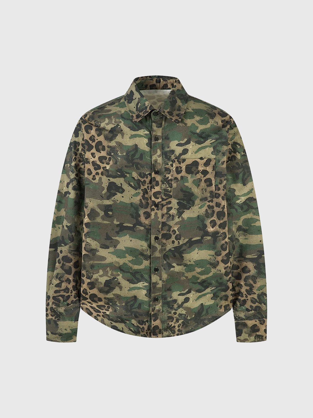 Brick Lane Baggy-fit Camouflage Leopard Print Shirt Jacket -- Olive Camo