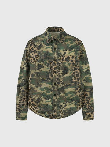 Brick Lane Baggy-fit Camouflage Leopard Print Shirt Jacket -- Olive Camo
