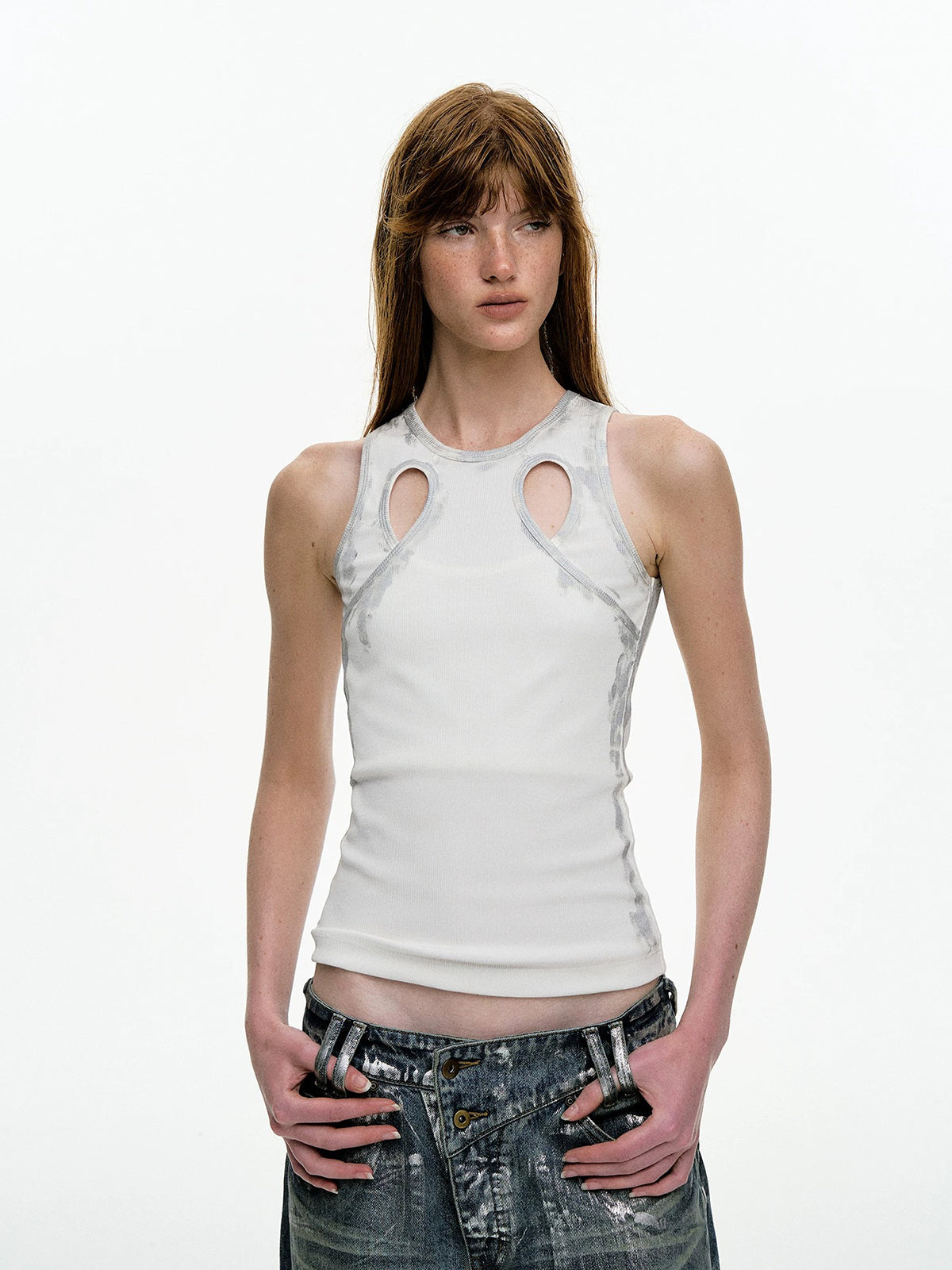Brick Lane Skimming-fit Cut-out Distressed Tank Top -- Off-White