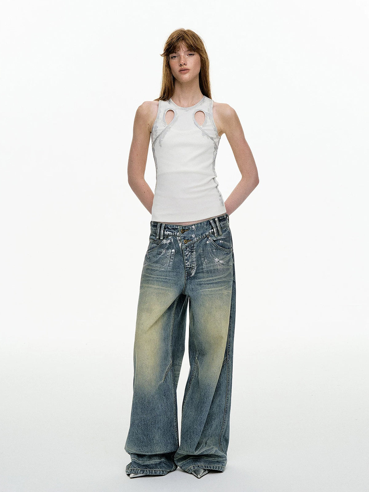 Brick Lane Skimming-fit Cut-out Distressed Tank Top -- Off-White