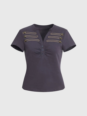 Brick Lane Skimming-fit Vintage V-Neck Graphic Tee -- Charcoal Gray