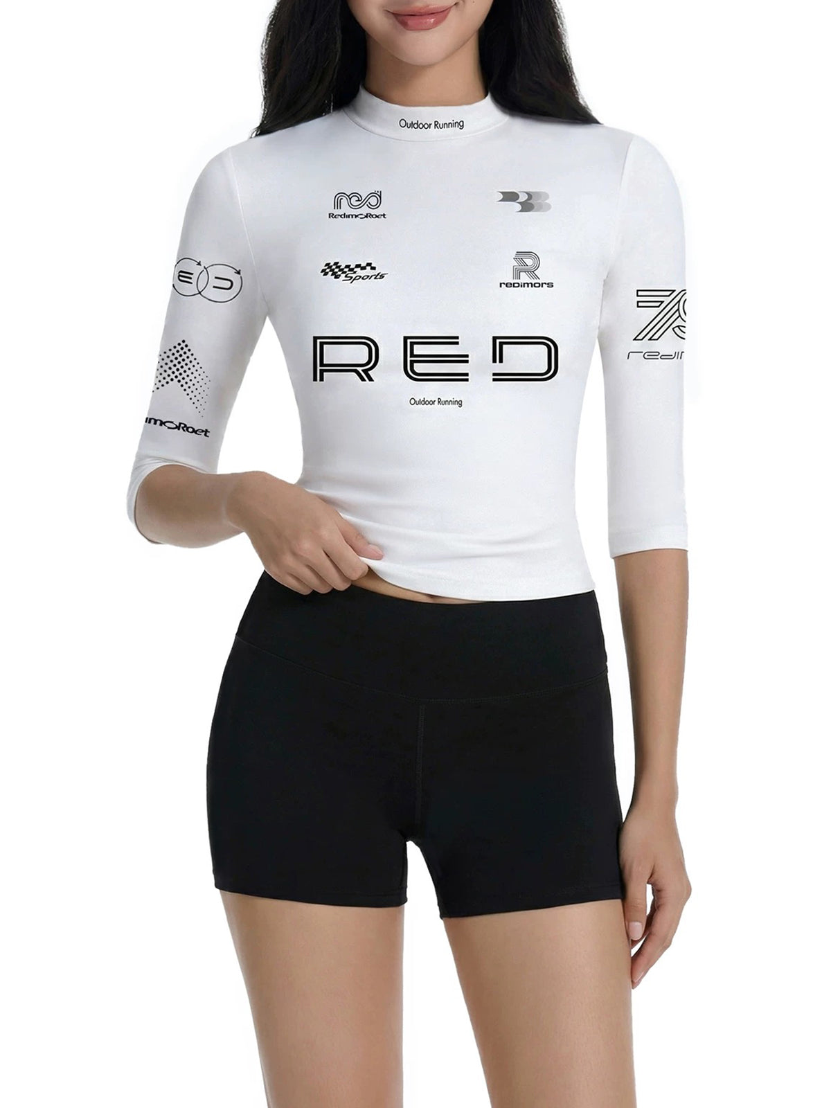 Lace Court Skimming-fit Moto Graphic 3/4 Sleeve Tee -- White