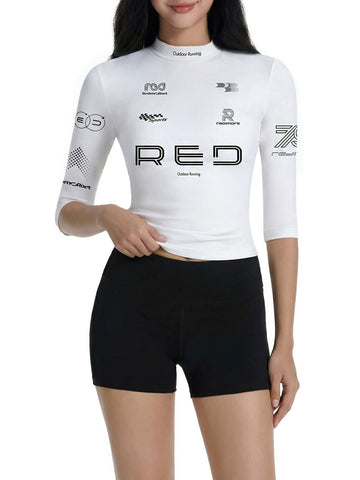 Lace Court Skimming-fit Moto Graphic 3/4 Sleeve Tee -- White