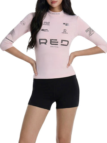 Lace Court Skimming-fit Moto Graphic 3/4 Sleeve Tee -- Pink