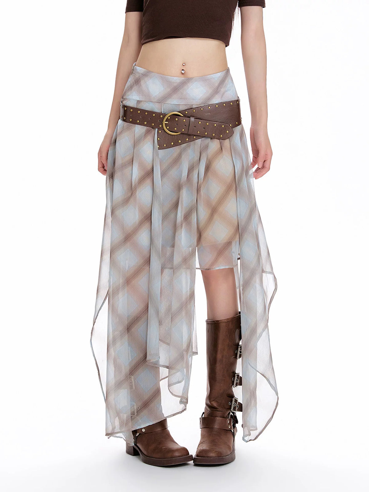 Brick Lane Asymmetric Mesh Check Midi Skirt -- Gray