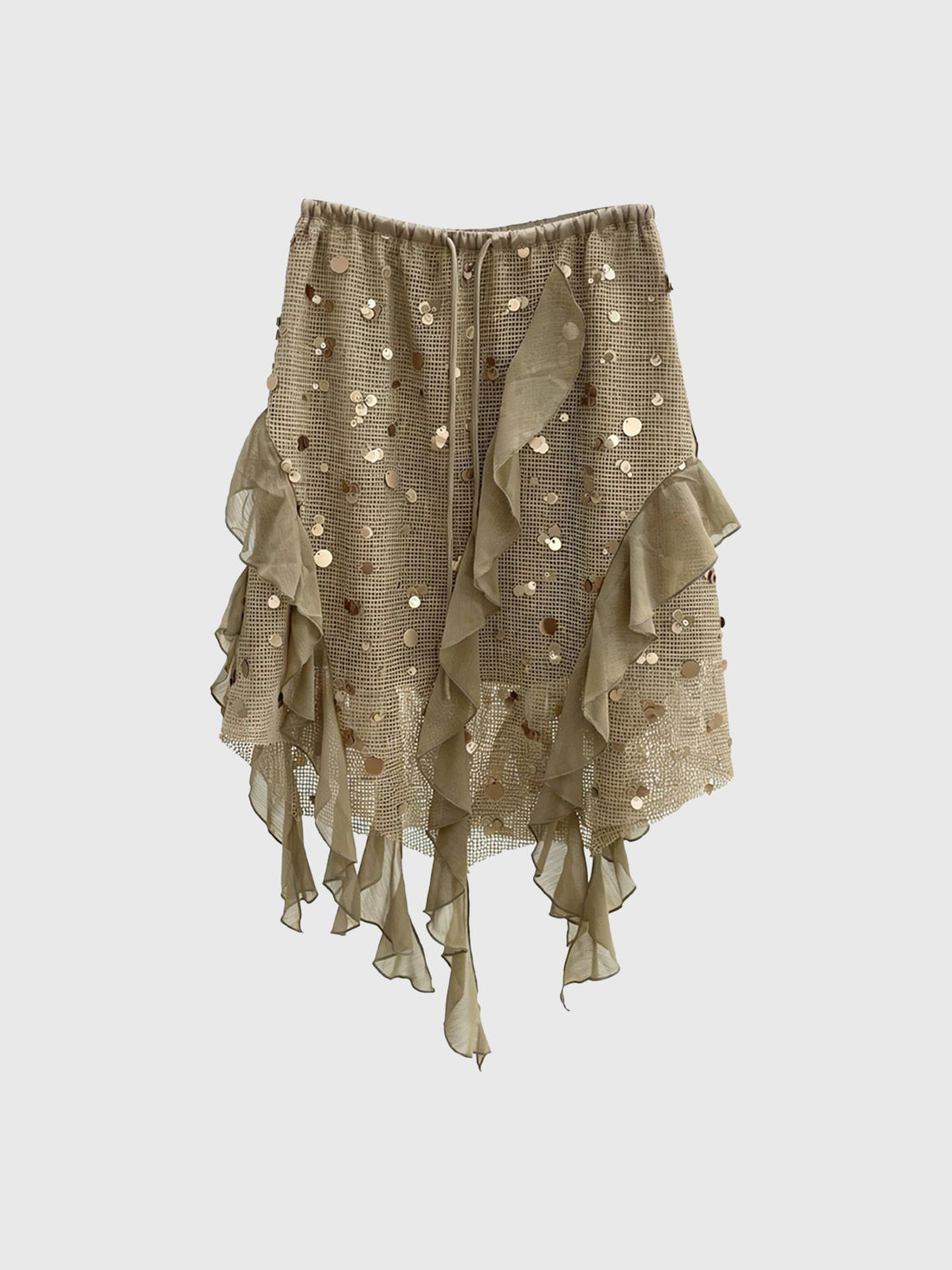 Brick Lane Asymmetric Mesh Tiered Midi Skirt -- Green