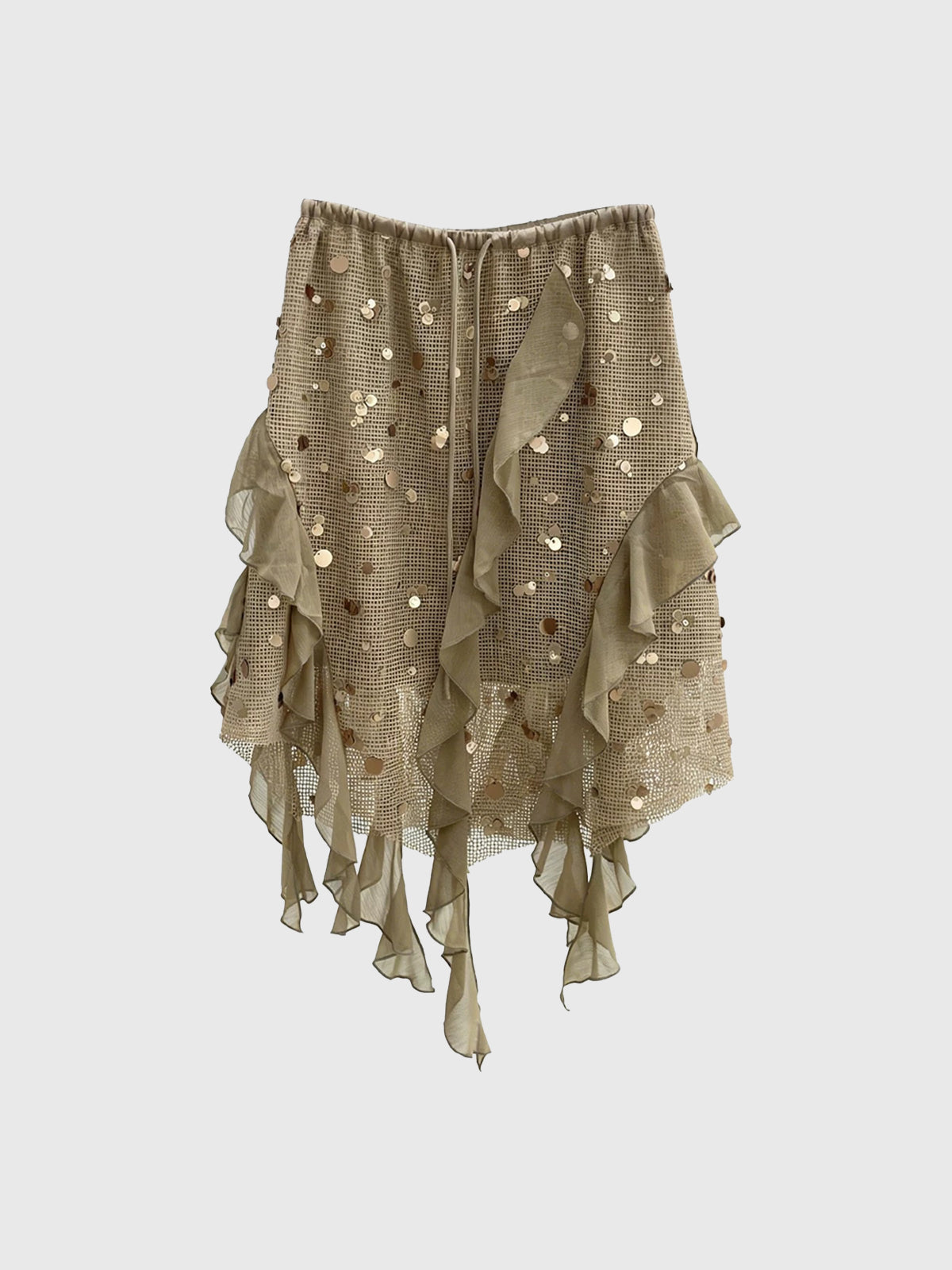 Brick Lane Asymmetric Mesh Tiered Midi Skirt -- Green