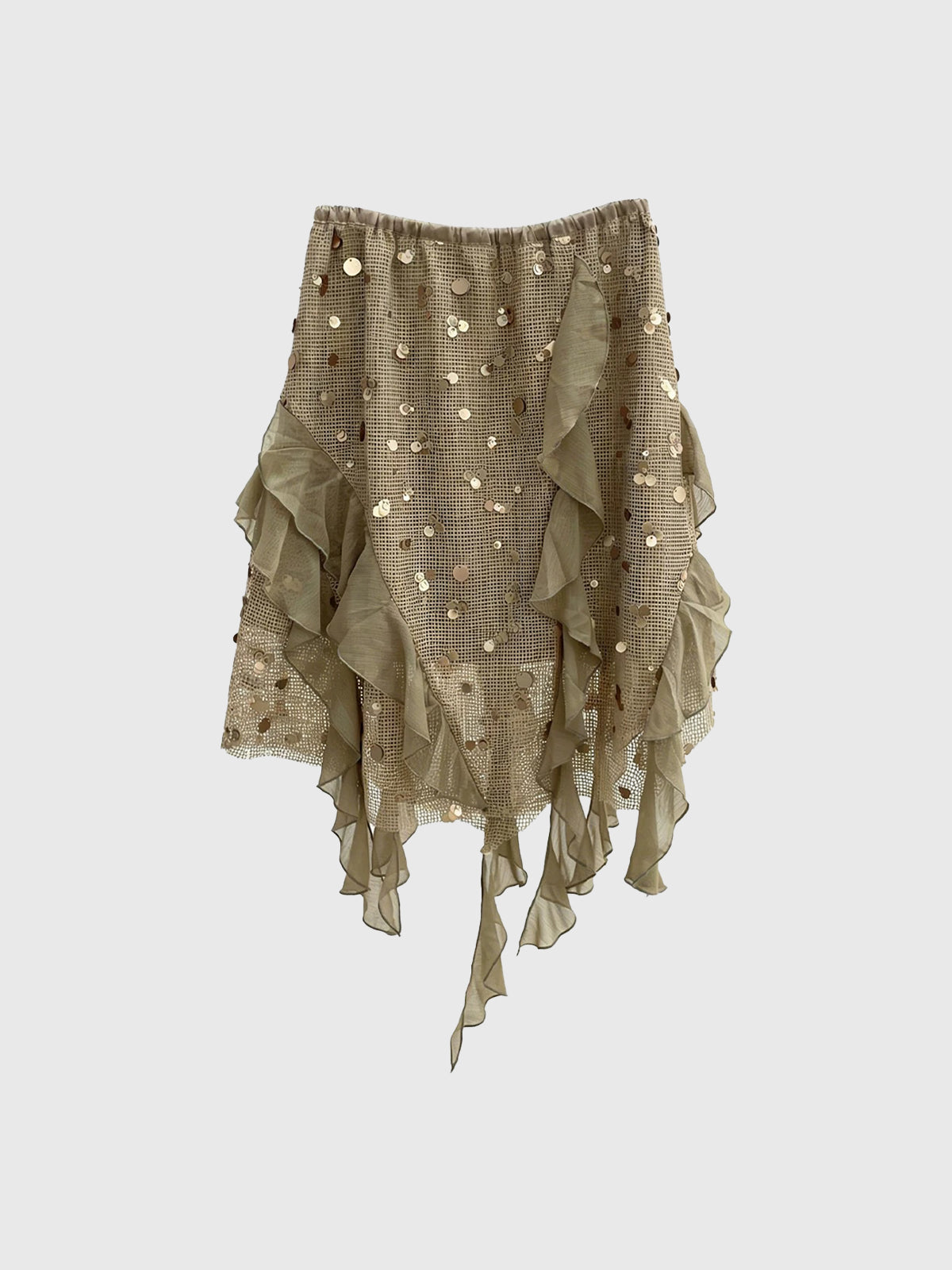 Brick Lane Asymmetric Mesh Tiered Midi Skirt -- Green