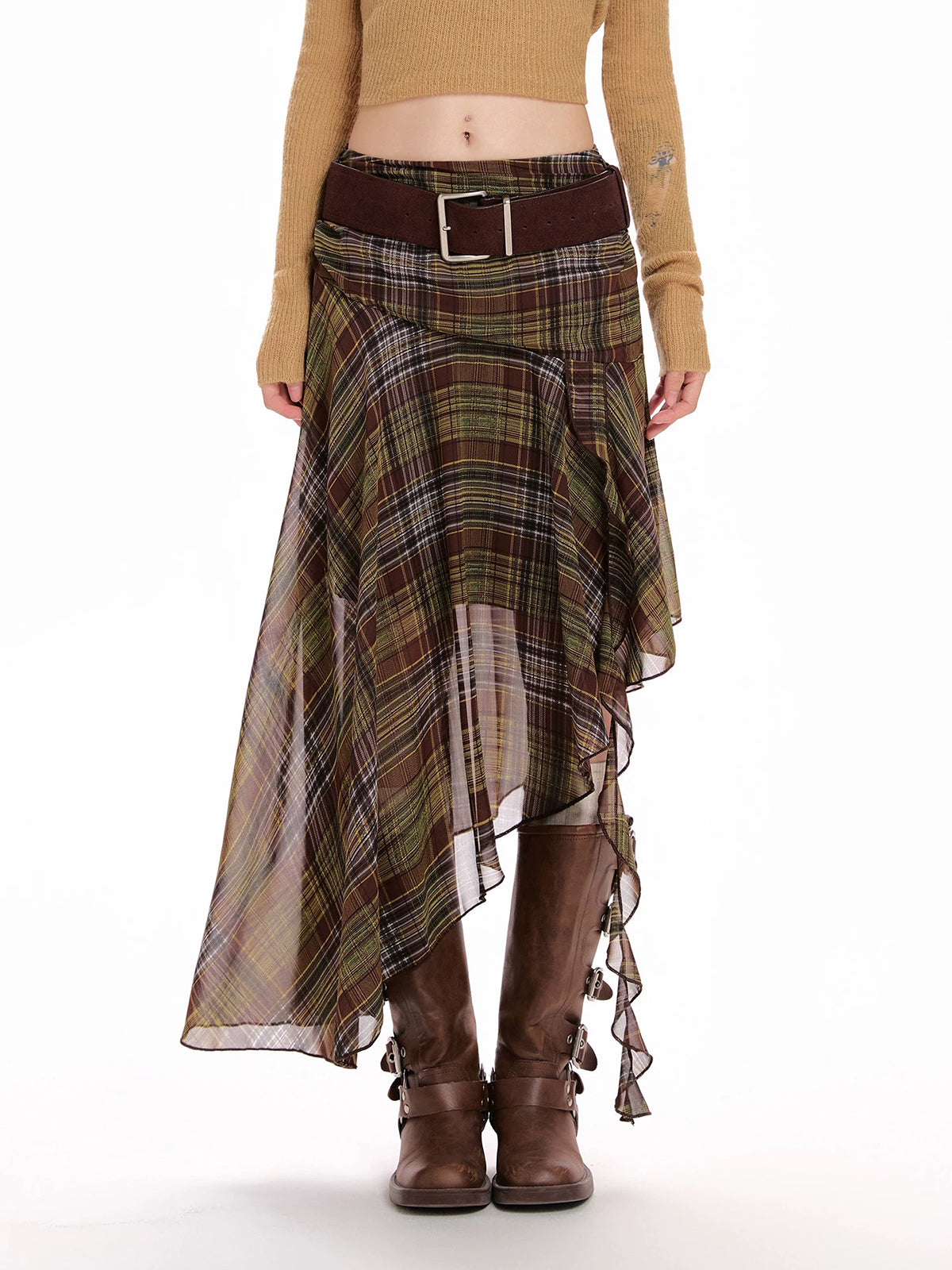 Brick Lane Asymmetric Mesh Check Midi Skirt -- Brown