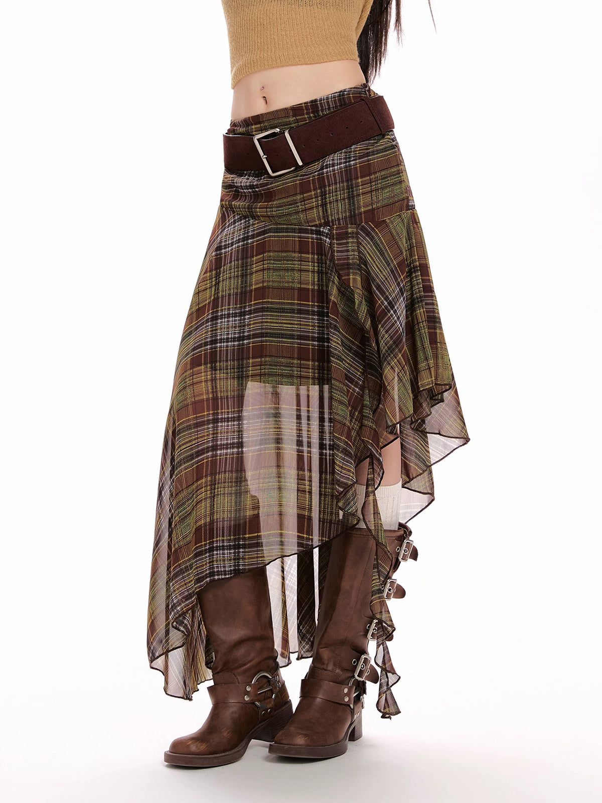 Brick Lane Asymmetric Mesh Check Midi Skirt -- Brown