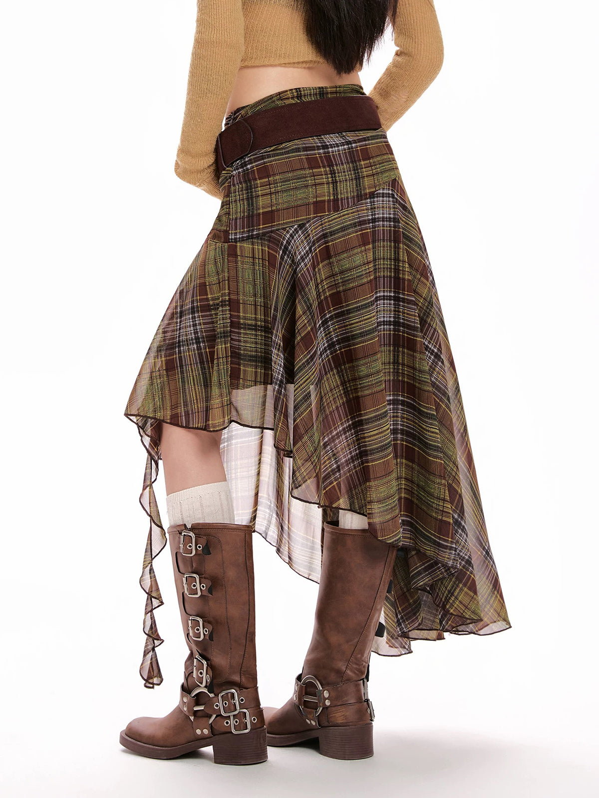 Brick Lane Asymmetric Mesh Check Midi Skirt -- Brown