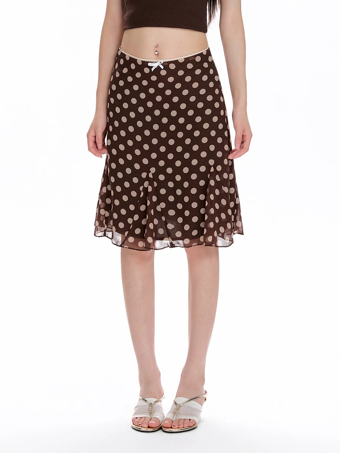 Dolled Office A-line Polka Dot Midi Skirt -- Brown