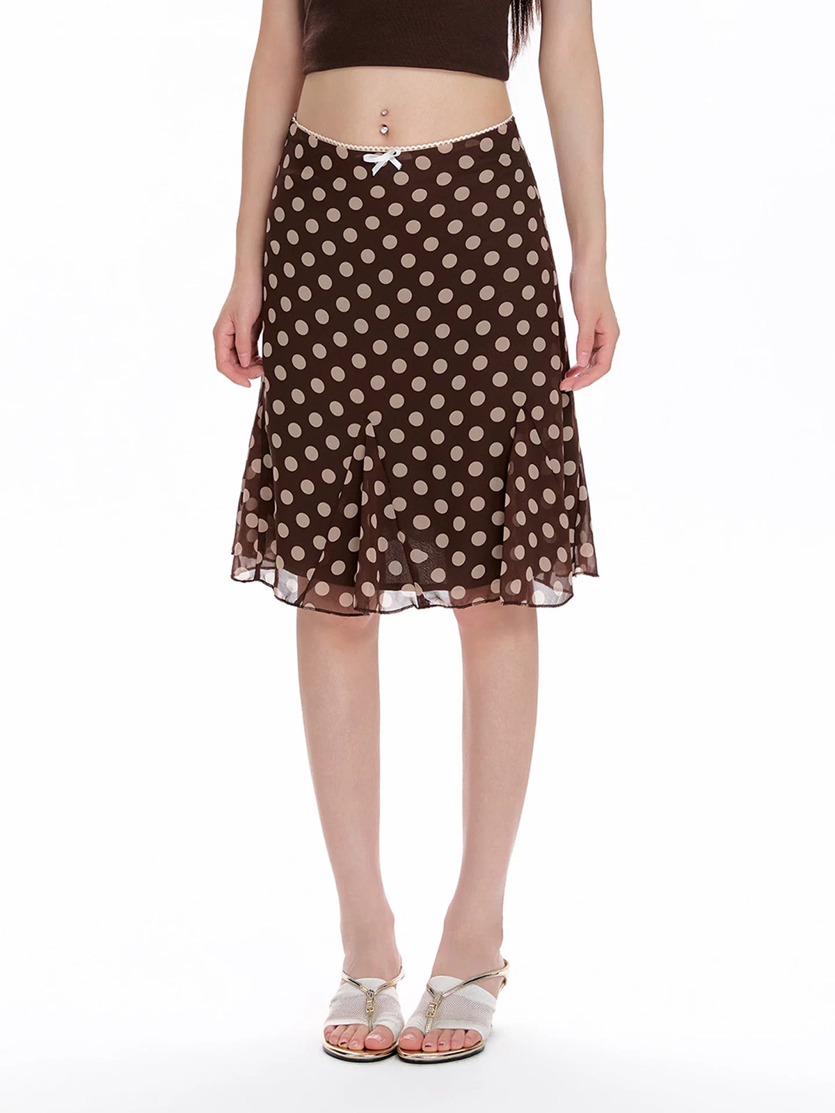 Dolled Office A-line Polka Dot Midi Skirt -- Brown
