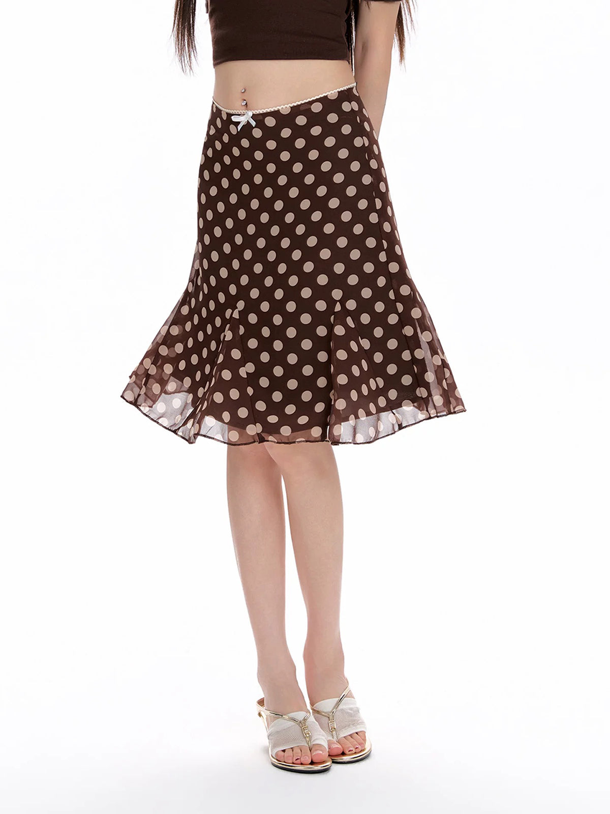 Dolled Office A-line Polka Dot Midi Skirt -- Brown