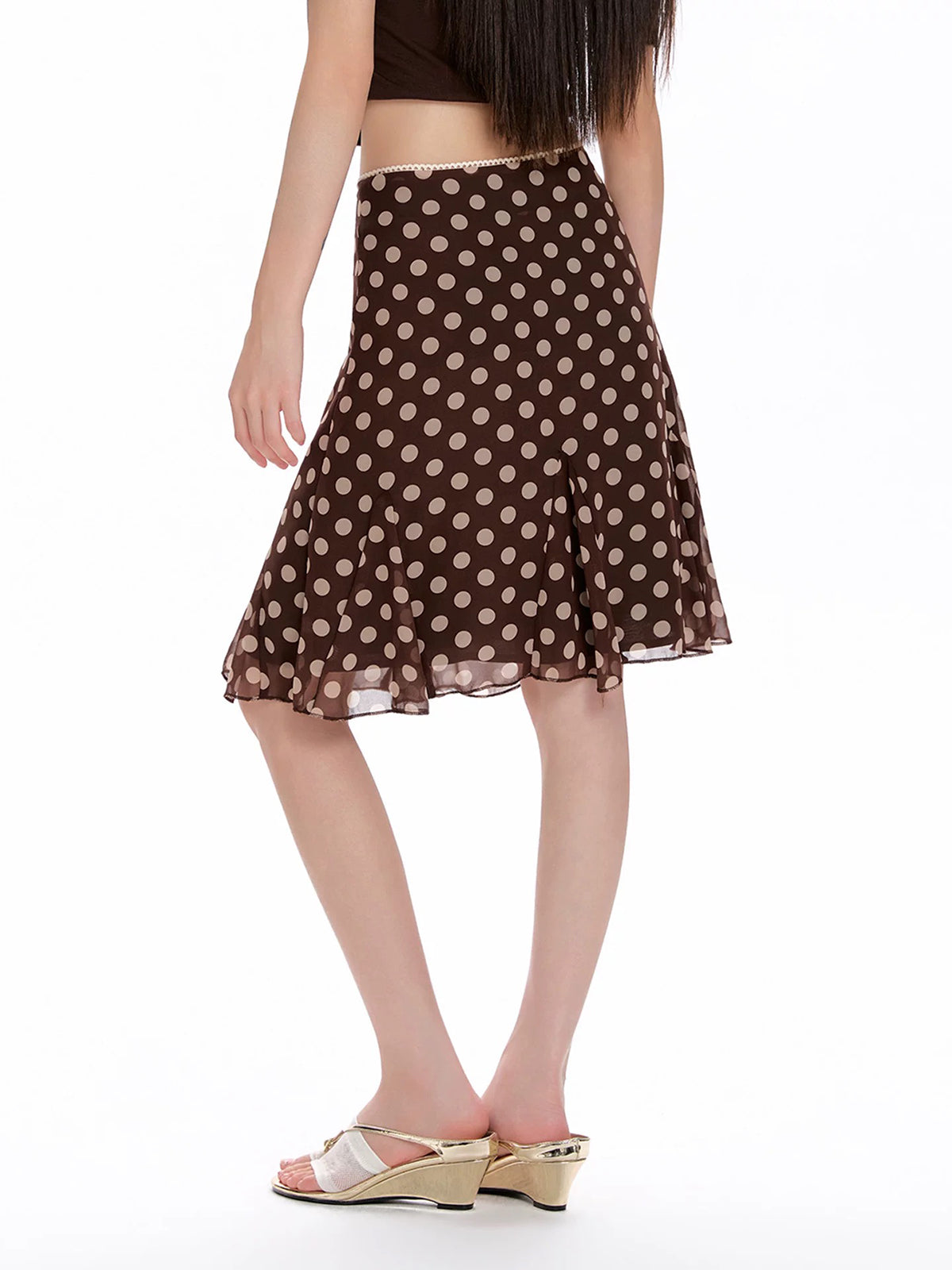 Dolled Office A-line Polka Dot Midi Skirt -- Brown