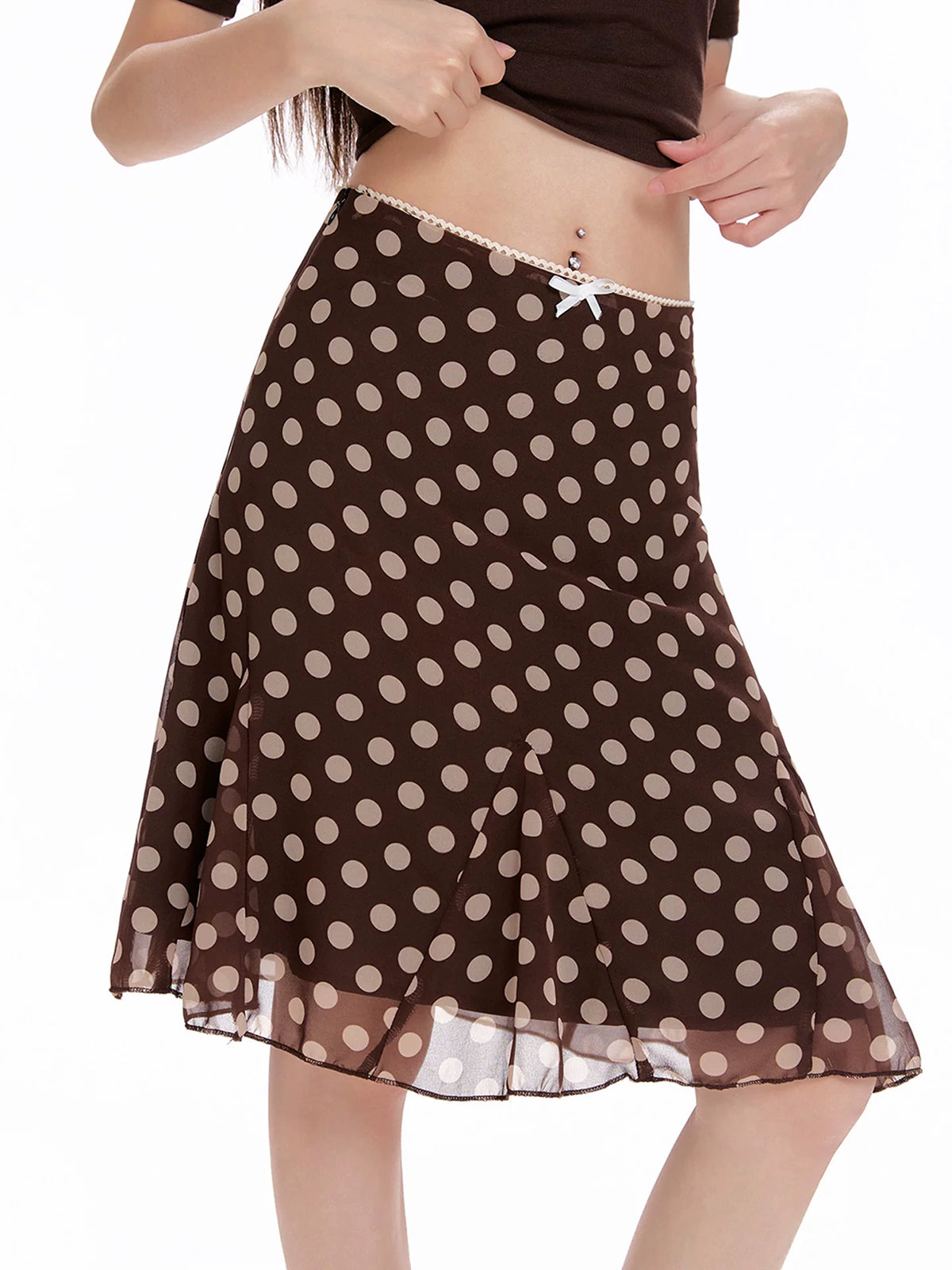 Dolled Office A-line Polka Dot Midi Skirt -- Brown