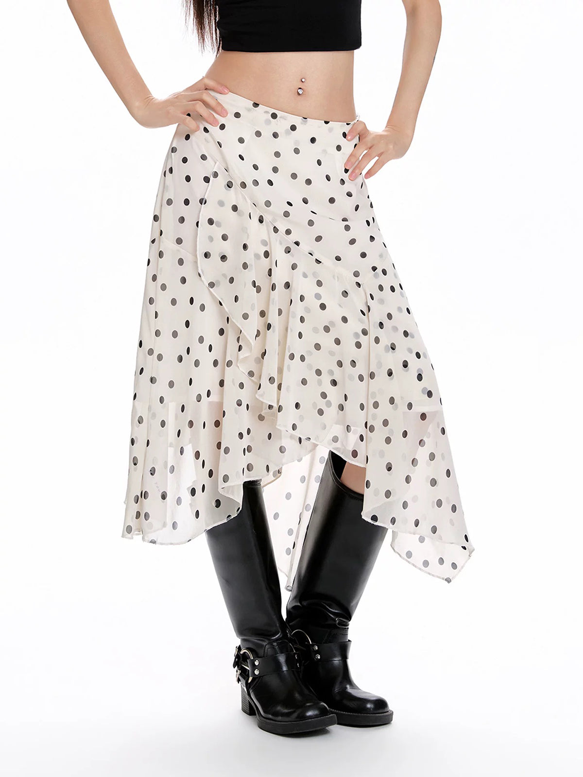 Dolled Office A-line Polka Dot Asymmetric Skirt -- White