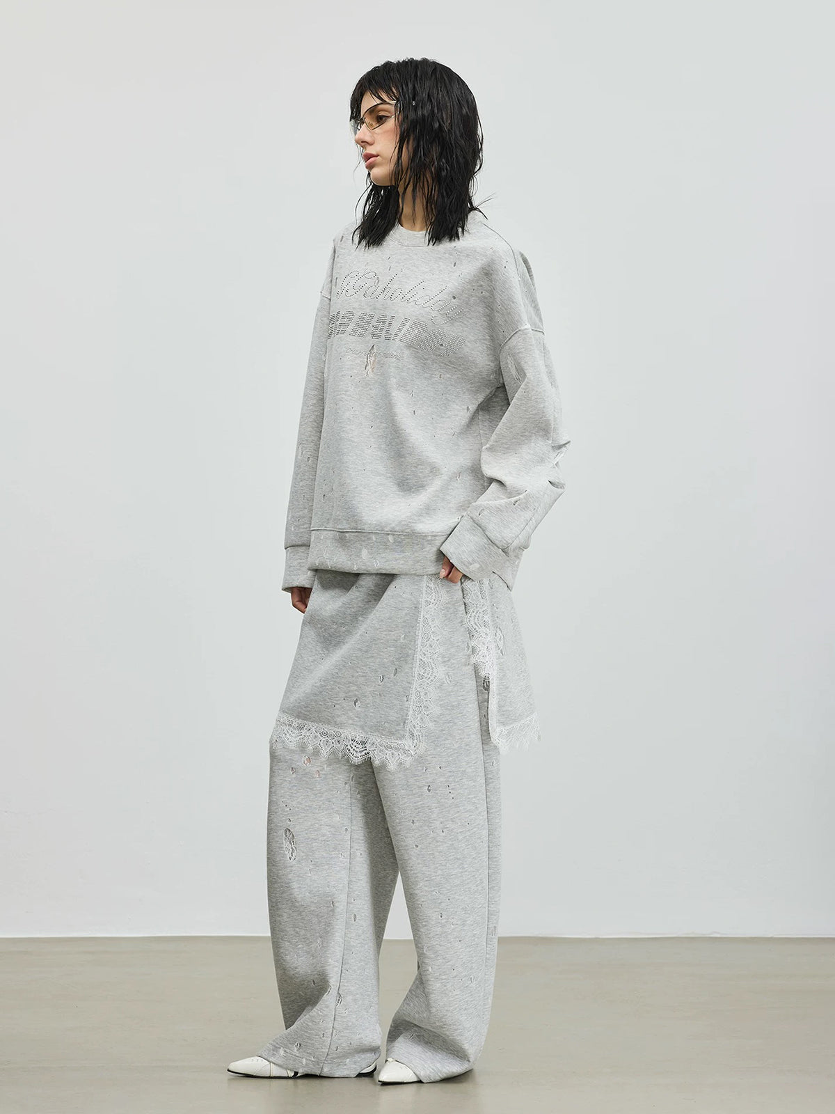 Soft Blur Lace Layer Pants – Light Grey