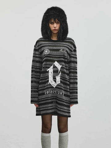 Long Pause Stripe Knit Dress – Charcoal Black