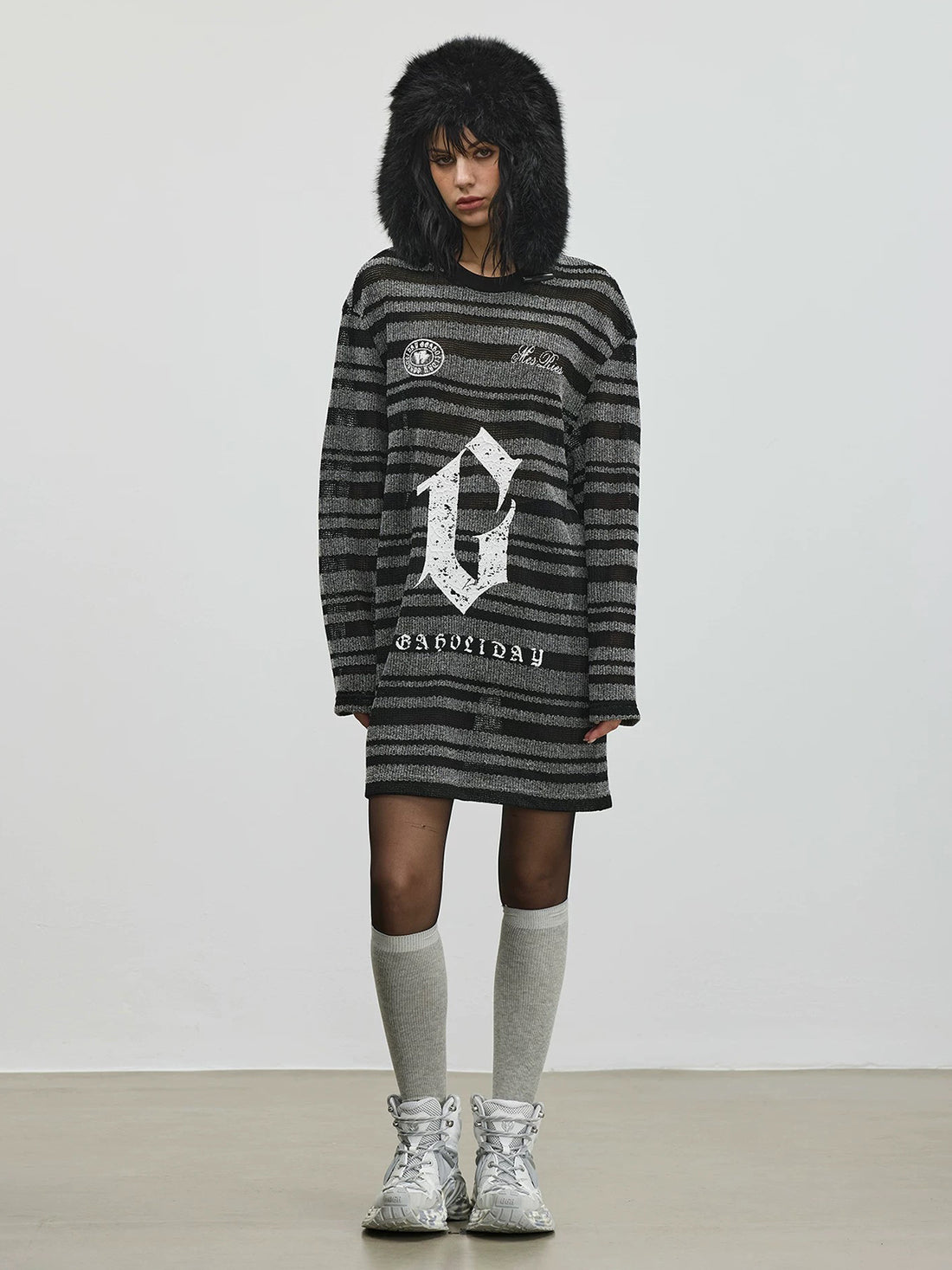 Long Pause Stripe Knit Dress – Charcoal Black