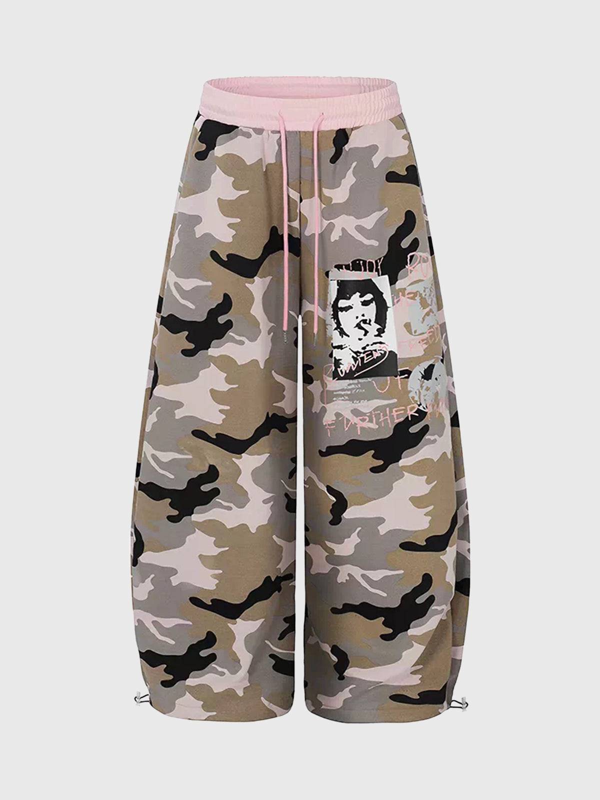 Brick Lane Curved-cut Camouflage Parachute Pants -- Pink