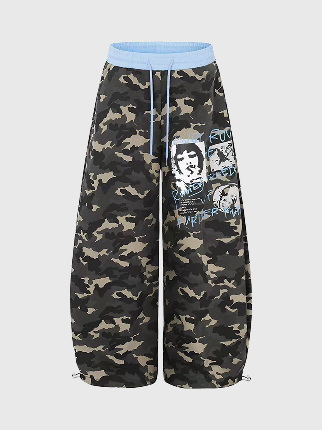 Brick Lane Curved-cut Camouflage Parachute Pants -- Black