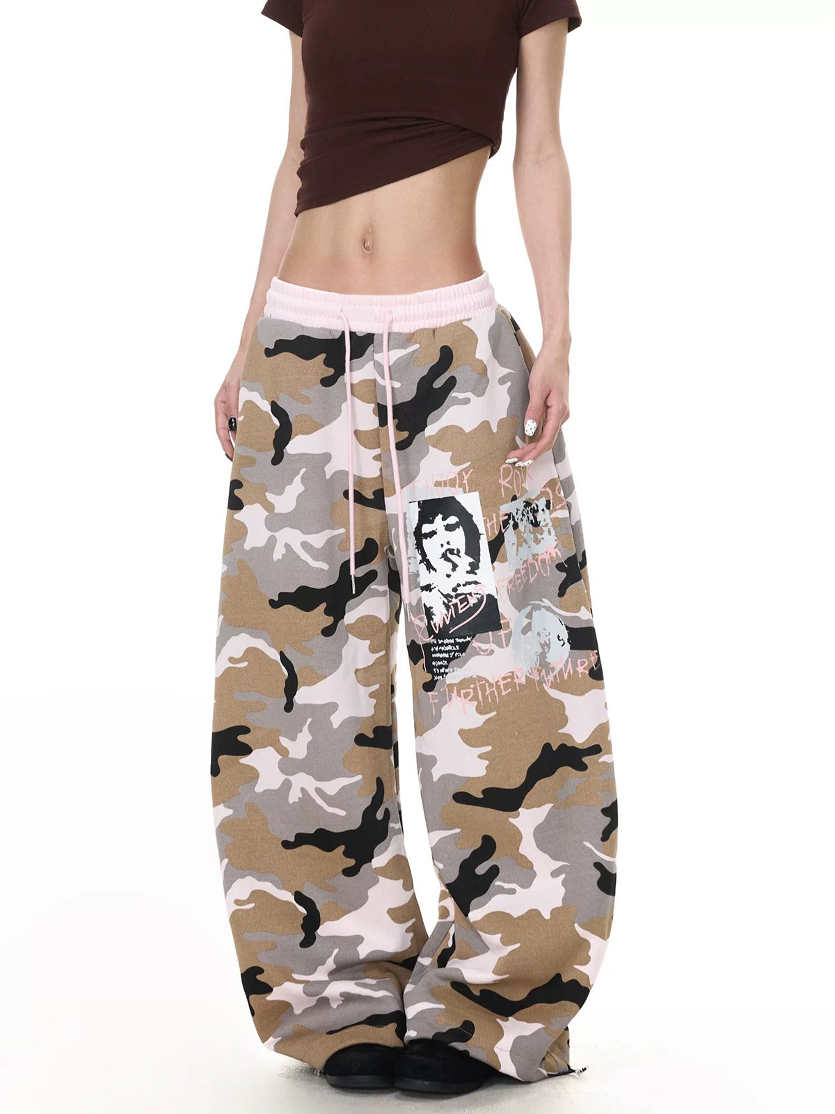 Brick Lane Curved-cut Camouflage Parachute Pants -- Pink