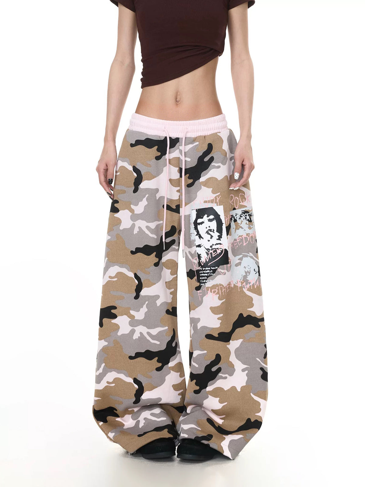Brick Lane Curved-cut Camouflage Parachute Pants -- Pink