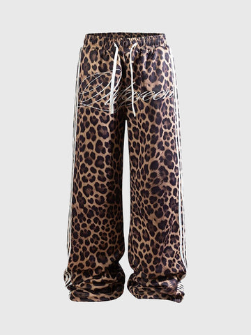 Brick Lane Wide-leg Embroidered Leopard Pants -- Brown