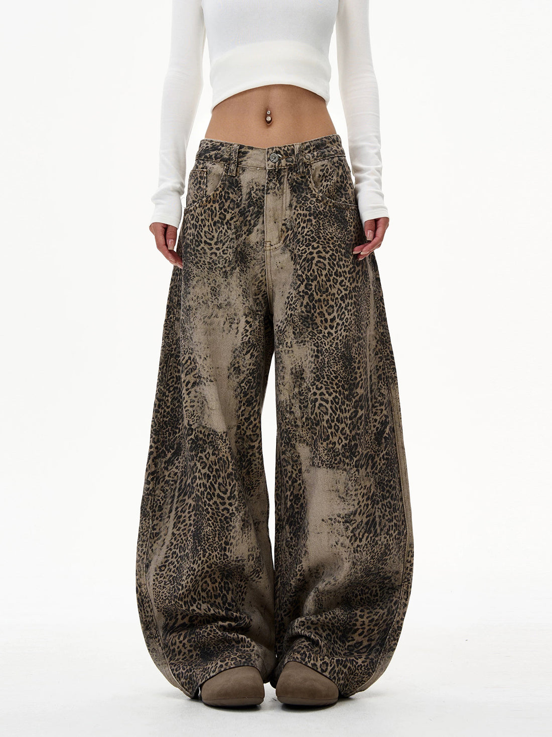 Brick Lane Curved-cut Leopard Parachute Pants -- Brown
