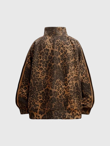 Brick Lane Baggy-fit Leopard Print Jacket -- Brown