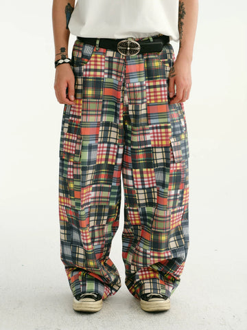 Brick Lane Wide-leg Check Print Pants -- Red