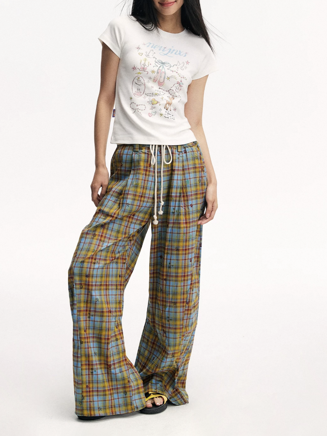 Brick Lane Wide-leg Check Print Pants -- Brown