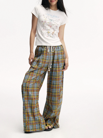 Brick Lane Wide-leg Check Print Pants -- Brown