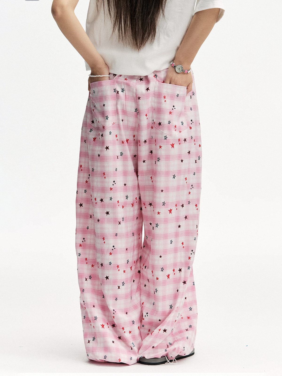 Brick Lane Wide-leg Check Print Pants -- Pink