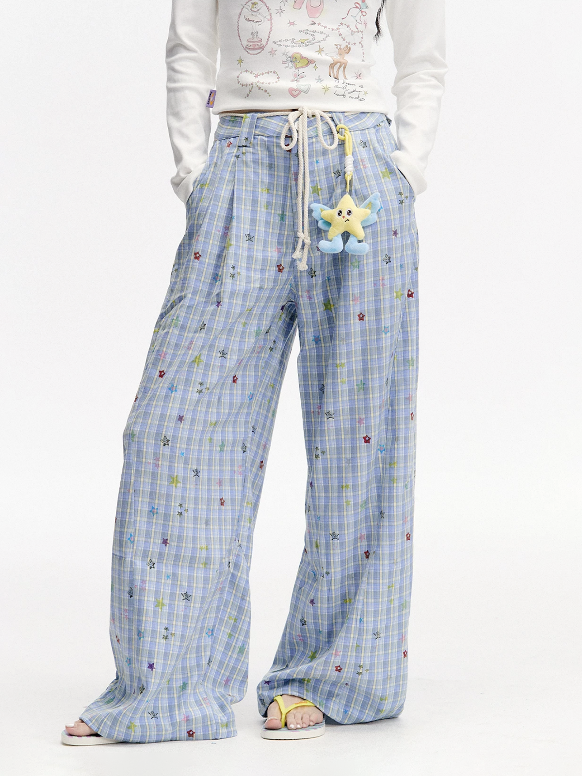 Brick Lane Wide-leg Check Print Pants -- Blue
