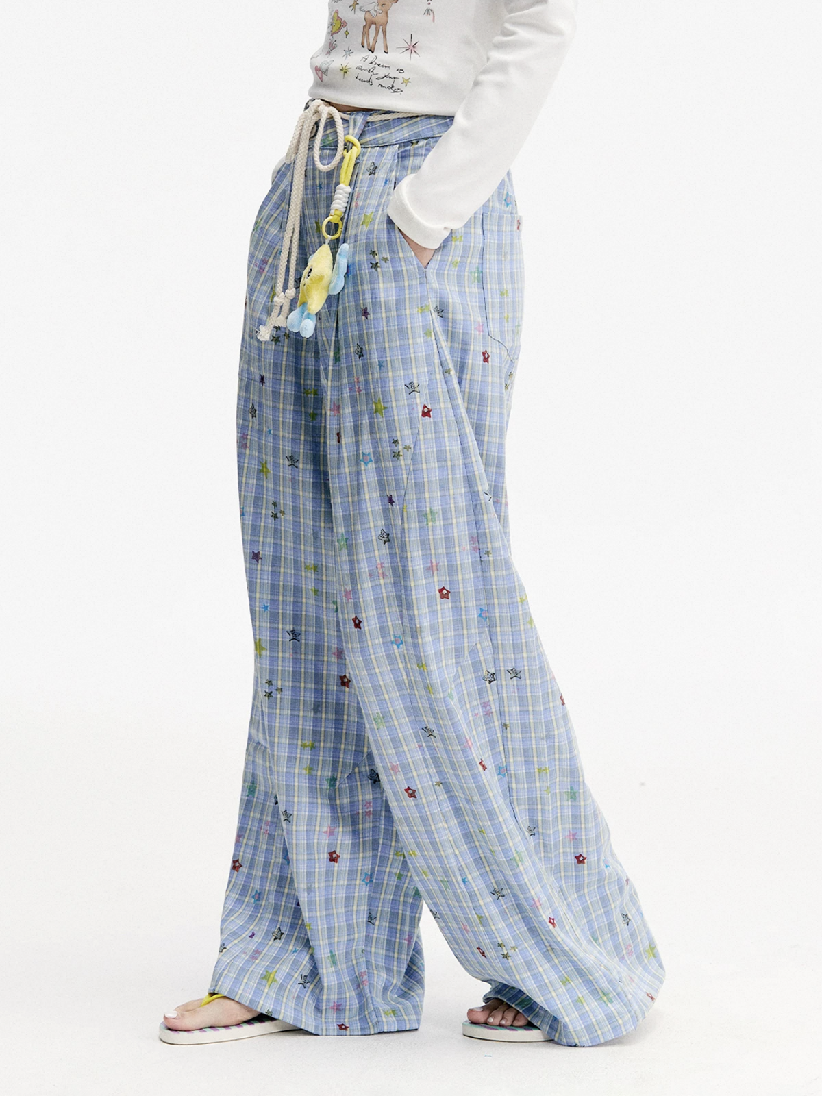 Brick Lane Wide-leg Check Print Pants -- Blue