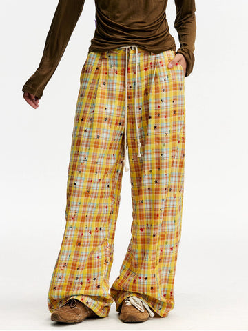 Brick Lane Wide-leg Check Print Pants -- Yellow