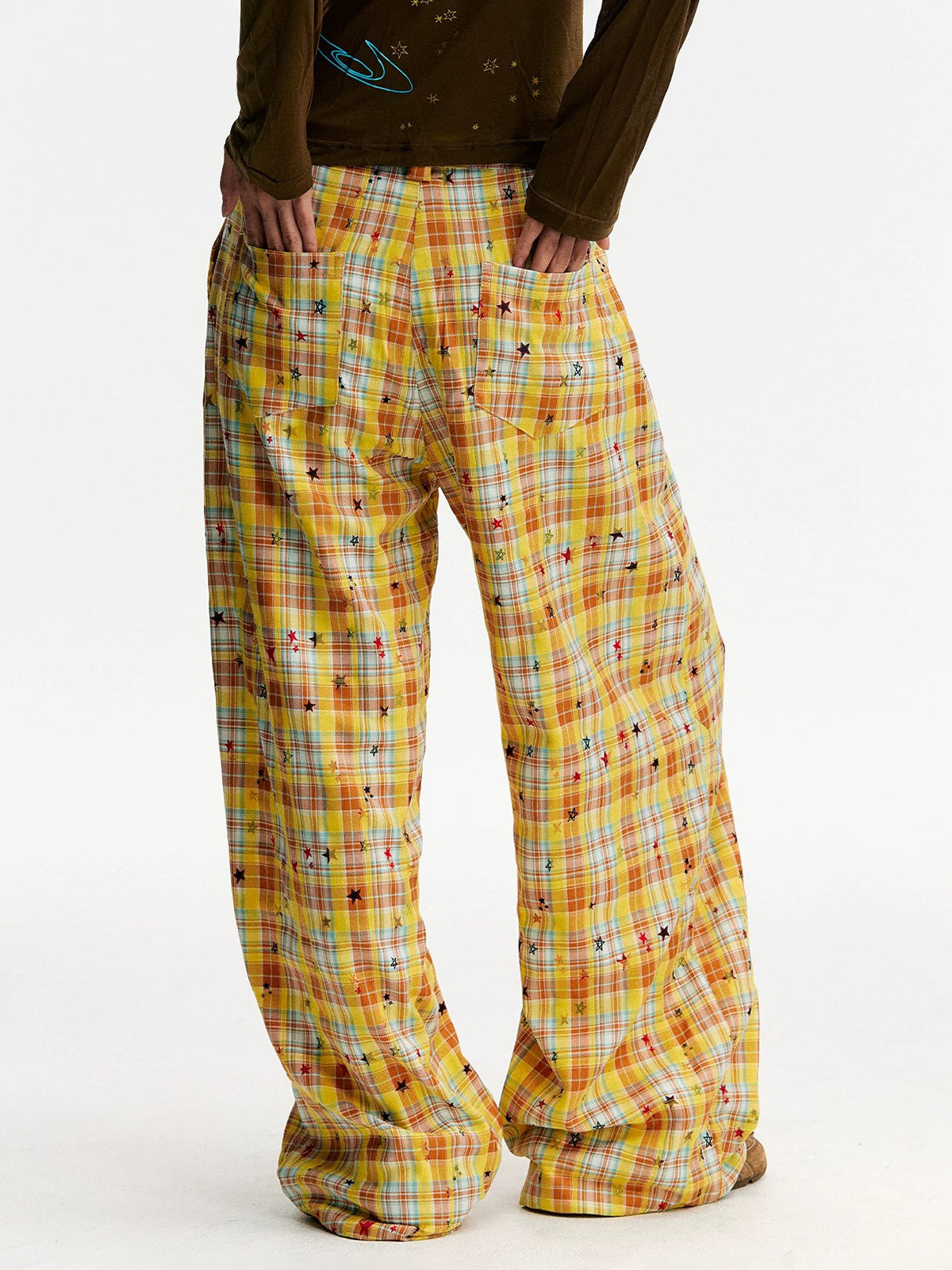 Brick Lane Wide-leg Check Print Pants -- Yellow