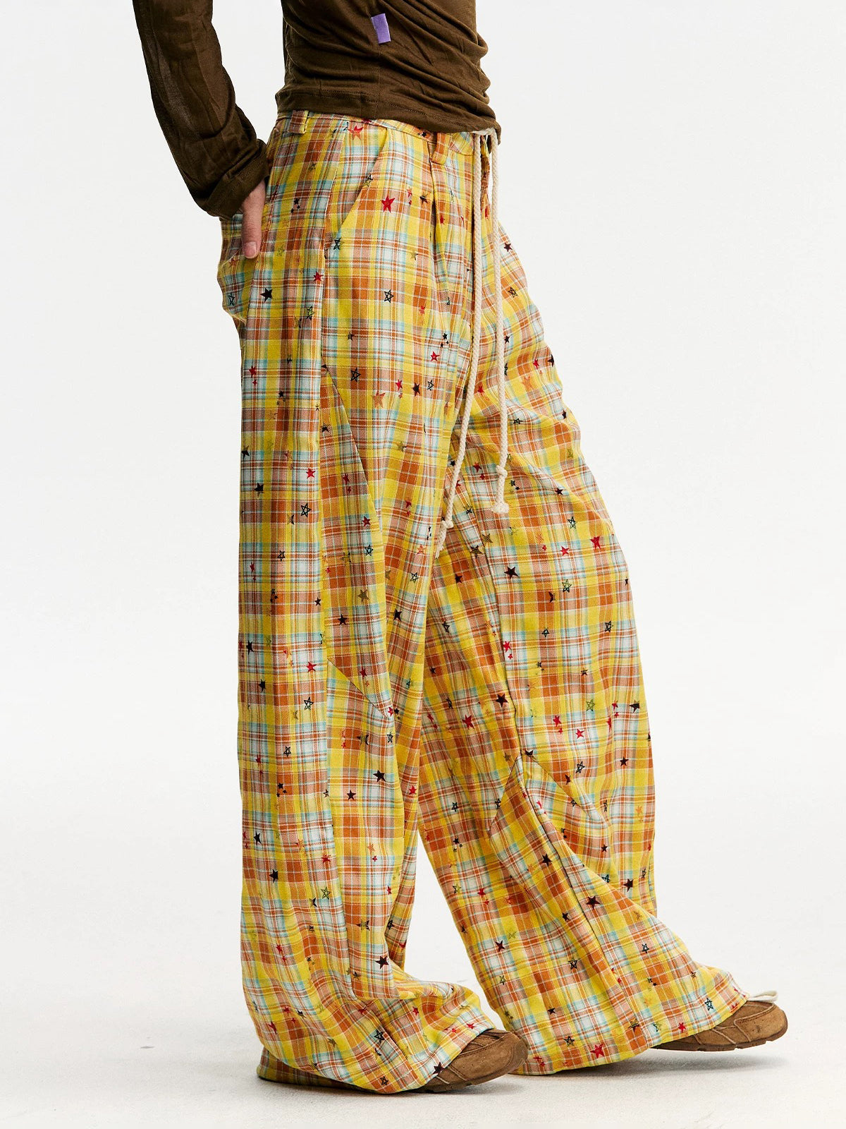 Brick Lane Wide-leg Check Print Pants -- Yellow