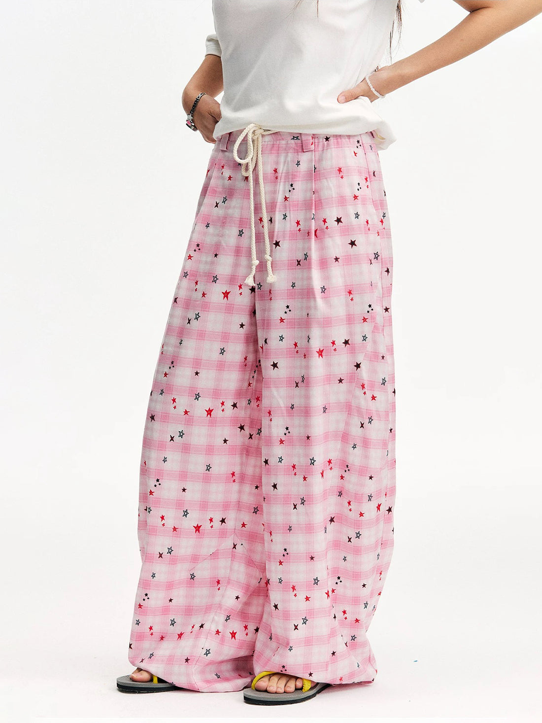 Brick Lane Wide-leg Check Print Pants -- Pink
