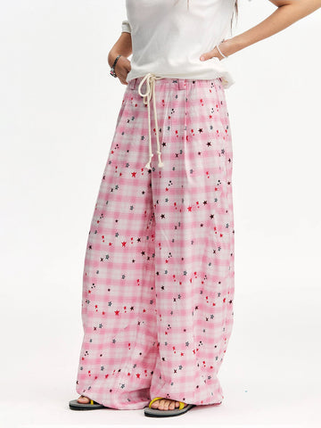 Brick Lane Wide-leg Check Print Pants -- Pink