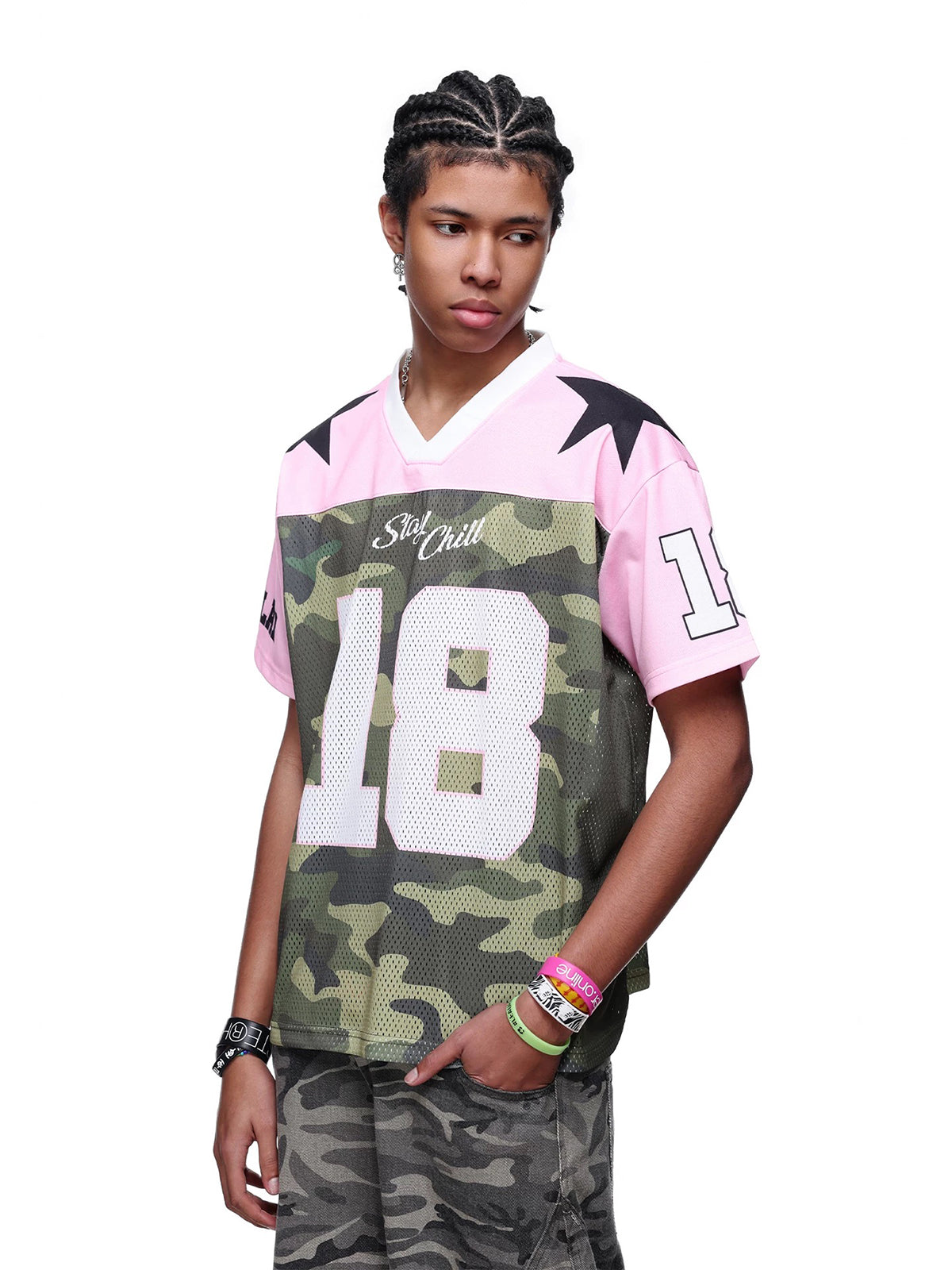 Brick Lane Baggy-fit Contrast Star Jersey Tee -- Pink