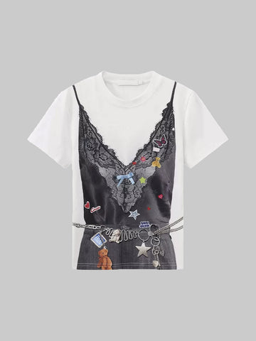 Brick Lane Baggy-fit Cami-Overlay Graphic Tee -- White